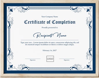 Royal Blue Certificate of Completion Elegant Certificate Template Printable Completion Certificate Corporate Award Download Jet111