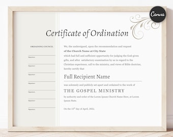 Redigerbart ordinationsintyg, ordinationsintyg för präst, Canva-intygsmall (digital nedladdning)