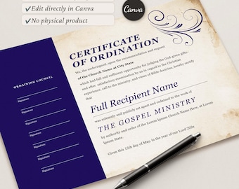 Certificado de ordenación ministerial editable, certificado de ordenación en Canva, plantilla de certificado de licencia ministerial (descarga digital)