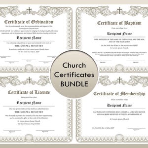 Certificados de iglesia editables, ordenación, licencia, bautismo, membresía de la iglesia, plantilla de certificado de iglesia (paquete) Descarga JetB