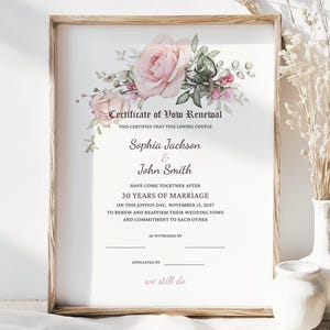 Gelübde Erneuerung Zertifikat Vorlage, bearbeitbares Hochzeitsgelübde Erneuerung Geschenk, Erneuerung der Ehegelübde Aquarell Blumen Zertifikat Download Jet121
