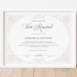 Certificado elegante de renovación de votos, plantilla de certificado imprimible y editable. Regalo de aniversario de bodas. Descarga Jet216.