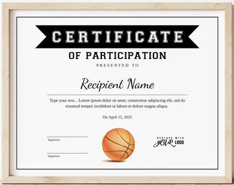 EDITABLE Basketball Certificate Template, Printable Sports Certificate Award Basketball Participation Award Digital Download, Jet082