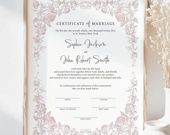 Certificate of Marriage, Editable Wedding Keepsake Certificate Template, Wedding Certificate with Roses, Printable Marriage Certificate 167