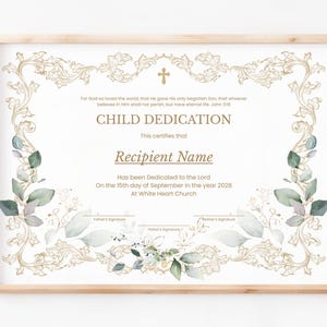 Plantilla editable de certificado de dedicación infantil, certificado de presentación, certificado de bendición, plantilla de dedicación (descarga digital) Jet248