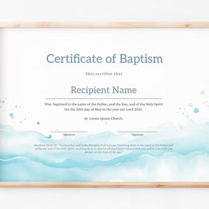 Plantilla de certificado de bautismo en acuarela, certificado de bautismo editable e imprimible, certificado de bautismo en agua, descarga Jet040