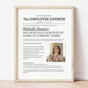 Funny Years of Service Newspaper Template, Editable Work Anniversary Award, Employee Recognition Gift, Printable Employee Appreciation 393