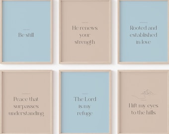 Neutral kristen väggkonst set med 6, minimalistisk bibelvers utskrivbar, Var still tro galleri, modern bibeldekor digital nedladdning