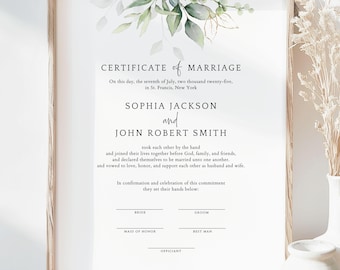 Certificate of Marriage, Editable Wedding Keepsake Certificate Template, Greenery Wedding Certificate, Printable Marriage Certificate167