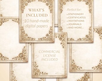 Vintage Rose Parchment Paper Pack, Printable Antique Stationery, Floral Writing Paper, Certificate Background Wedding Paper Digital Download