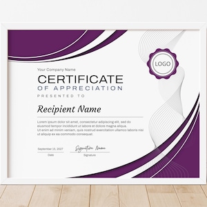 Purple Certificate of Appreciation, EDITABLE Appreciation Certificate Template, 14x11, 11x8.5 and A4 size Award Certificate Download Jet058