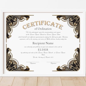 Plantilla editable de certificado de ordenación de ancianos. Certificado de ordenación religiosa imprimible. Certificado de ordenación eclesiástica personalizable. 387