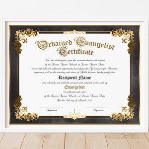 Plantilla de certificado de evangelista ordenado editable Certificado de lujo vintage imprimible, Certificado de ordenación de evangelista, Descarga Jet169