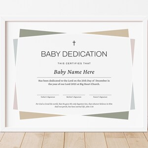 Certificado de Dedicación Estético para Bebés. Plantilla de Dedicación Infantil. Certificado de Bautismo de Bebé Editable. Descarga Jet380.