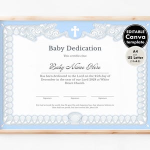 Certificado de Dedicación de Bebé (Canva), Plantilla Editable de Certificado de Bendición para Bebé Niño, Certificado de Bautismo Imprimible (Descarga Digital Azul)