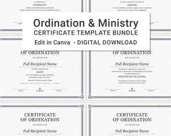 Evangelisk ordination och tjänstecertifikatpaket, pastor, präst, äldste, diakon, evangelist, profet, redigerbar Canva-mall