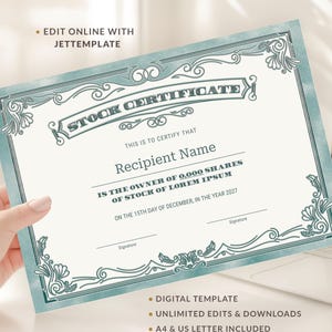 May include: A stock certificate template featuring a decorative teal border with ornate corner flourishes. The document includes the text STOCK CERTIFICATE, Recipient Name, 0,000 SHARES, OF STOCK OF LOREM IPSUM, and the date 15TH DAY OF DECEMBER, IN THE YEAR 2027.