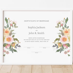 Rustikale Hochzeitszertifikat Vorlage, bearbeitbare Heiratsurkunde druckbare Hochzeitsandenken Zertifikat, Aquarell Blumen Download 117