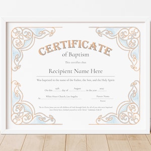 Plantilla de certificado de bautismo, certificado de bautismo editable, certificado imprimible para ceremonia de bautizo moderna, descarga digital, Jet387