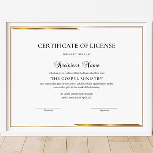 License to Preach Template, Printable Certificate of License, Minister&#39;s License, Elegant Editable Certificate Template Download Jet228