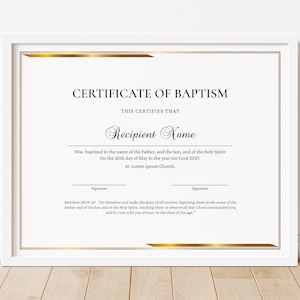 Plantilla de certificado de bautismo, certificado de bautismo imprimible, certificados minimalistas y elegantes, plantillas editables para iglesias, Jet228