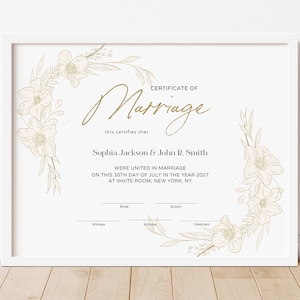 Moderne Hochzeits-Heiratsurkunde, Hochzeitsandenken-Zertifikat, druckbare Blumenhochzeitsurkunde bearbeitbare Vorlage 176