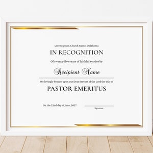 Modelo de certificado de reconhecimento de pastor emérito da igreja, certificado de presente de prêmio da igreja, download de certificados editáveis para impressão, Jet228