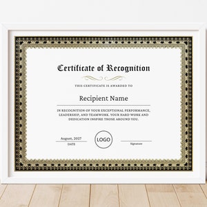 Recognition Certificate Template Editable Certificate of Recognition Employee Awards, Gold Black Elegant Certificate Digital Download Jet194
