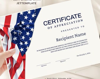 Veteran's Certificate of Appreciation Template, Editable Certificate with American Flag Independence Day Certificate Digital Download Jet159