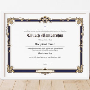 Plantilla editable de certificado de membresía de la iglesia, certificado de membresía imprimible, descarga de plantillas para nuevos miembros de la iglesia, Jet070