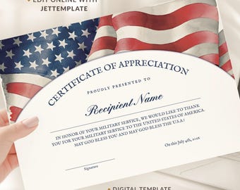 American Appreciation Certificate, Honoring Military Service Appreciation, Veteran's Certificate, Patriot Day Certificate Download Jet159