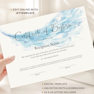 Op de afbeelding: Een wit doopcertificaat-sjabloon met een blauw aquarelspatontwerp en bubbels. De tekst luidt Certificate of Baptism, This certifies that, Recipient Name, Was baptized in the name of the Father, and of the Son, and of the Holy Spirit.
