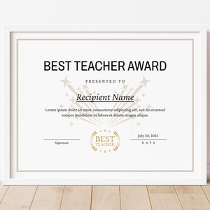Plantilla editable de certificado para el premio al mejor maestro, premios de reconocimiento docente, regalo personalizable para maestros, descarga digital Jet039