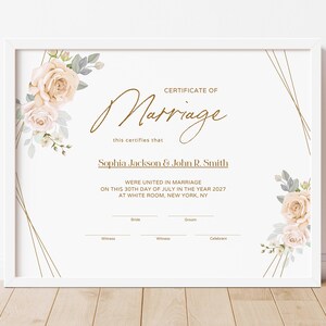 Elegante Hochzeitszertifikatsvorlage, druckbare bearbeitbare Heiratsurkunde Andenken, Blumenhochzeitsurkunde Digitaler Download, 017