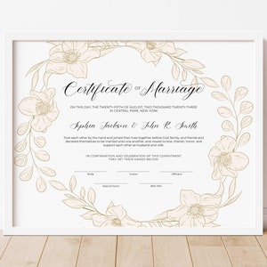 Moderne Hochzeit Zertifikat, Hochzeit Andenken Zertifikat mit Blumenkranz, Printable Trauung Zertifikat Vorlage 150