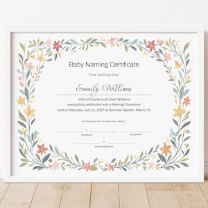 Plantilla de certificado de nombramiento de bebé, editable e imprimible, certificado de ceremonia de nombramiento, certificado del día del nombramiento, lindo marco floral, descarga Jet376