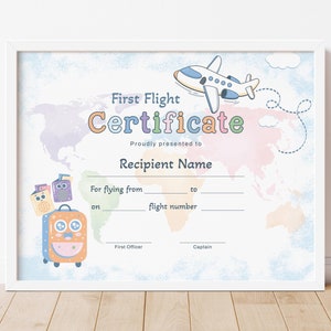 Plantilla de certificado de mi primer vuelo, certificado de premio para niños, certificado de viaje, premio a la valentía por volar en avión, premio editable 384