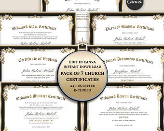 Redigerbara mallar för kyrkligt certifikat, Canva kyrkliga certifikat, dop, ordination, medlemskap, präst, diakonutmärkelse, digital nedladdning