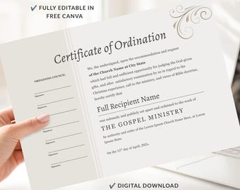 Redigerbart ordinationsintyg, ordinationsintyg för präst, Canva-intygsmall (digital nedladdning)