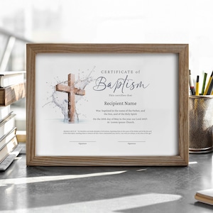 Plantilla de certificado de recuerdo de bautismo minimalista, certificado de bautismo editable, certificado de bautismo con cruz de agua, descarga digital Jet040