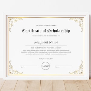 Editable Scholarship Certificate Template, Scholarship Award Certificate, Scholarship Template Customizable Certificate Digital Download 238