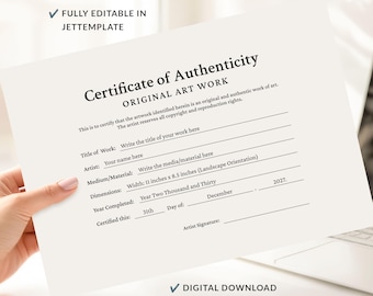 Certificado de Autenticidade Editável, Modelo de Certificado de Autenticidade para Obra de Arte Original, Certificado de Artista, Download de Certificado Imprimível Jet184