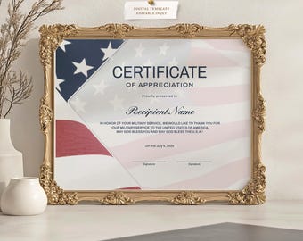 Certificado de veterano, certificado de reconocimiento al servicio militar, certificado de jubilación del Día del Patriota con la bandera estadounidense, descarga digital 159