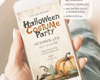 Vintage Halloween Costume Party Invitation, Watercolor Pumpkin (Digital Download) JetH