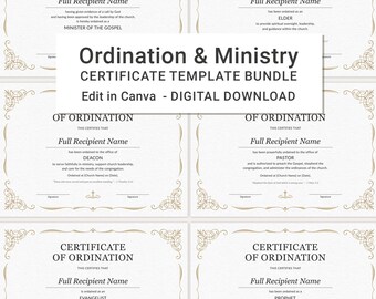 Evangelisk ordination och tjänstecertifikatpaket, pastor, präst, äldste, diakon, evangelist, profet, redigerbar Canva-mall
