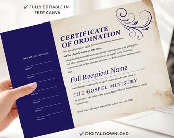 Redigerbart ordinationsintyg för präst, Canva-ordinationsintyg, mall för licens för prästtjänst (digital nedladdning)