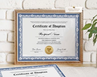 Adoption to Our Family Certificate Template, Editable Stepmother Stepfather Gift Certificate of Adoption, Gift for Adoption Download Jet283
