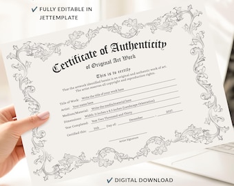 Modelo de Certificado de Autenticidade, Certificado de Autenticidade Editável, Certificado de Obra de Arte Original, Certificado de Artista para Imprimir - Download Jet184