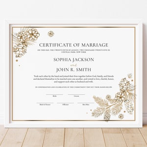 Plantilla de certificado de boda de invierno, certificado de matrimonio de recuerdo de boda editable, descarga de certificado de boda de piñas de invierno, 389