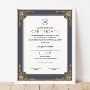 Plantilla editable de certificado de ordenación de anciano, certificado de ordenación vintage imprimible, reconocimiento eclesiástico para ancianos, marco ornamentado Jet382